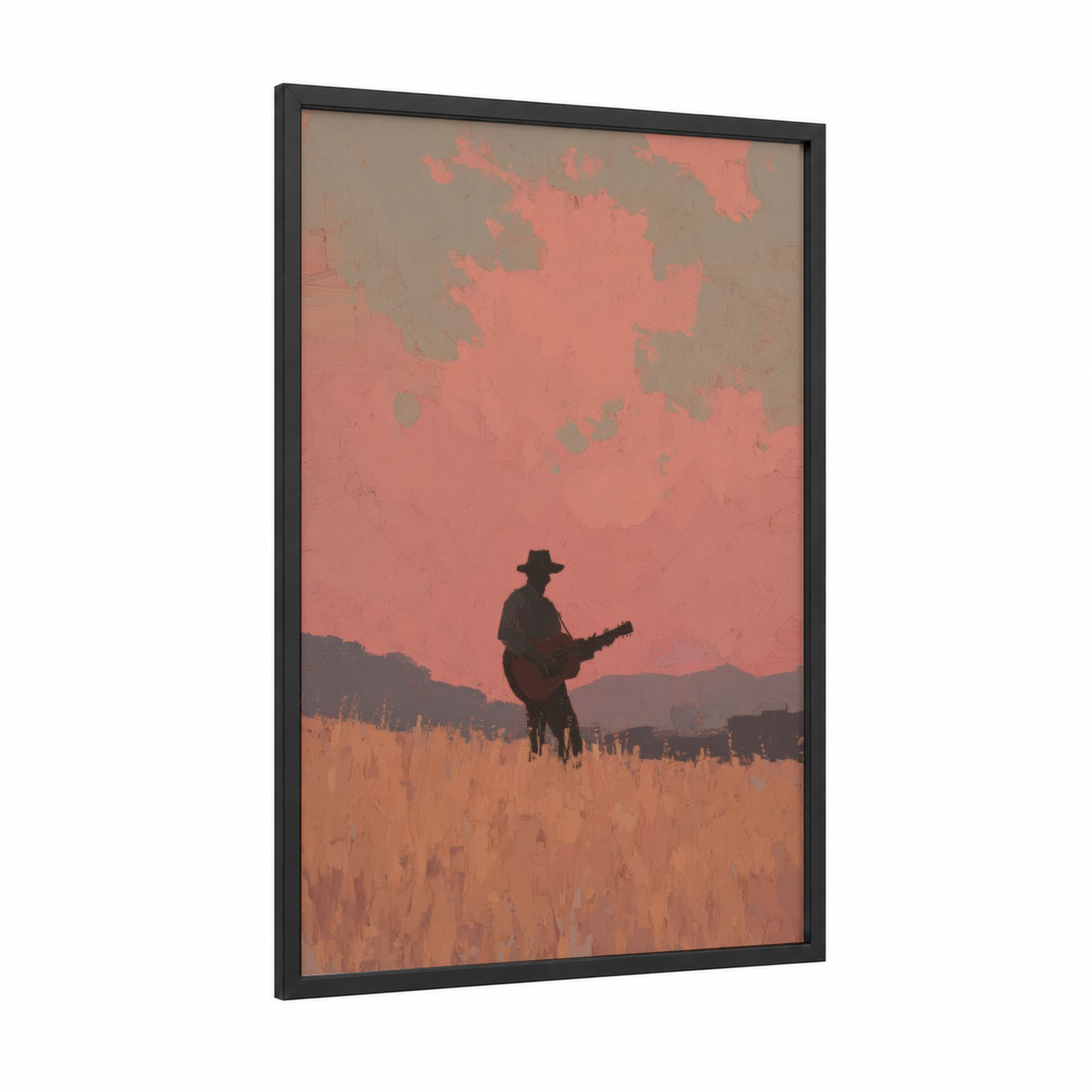 Sunset Musician framed art print — black wood frame — salmon pink and gold palette