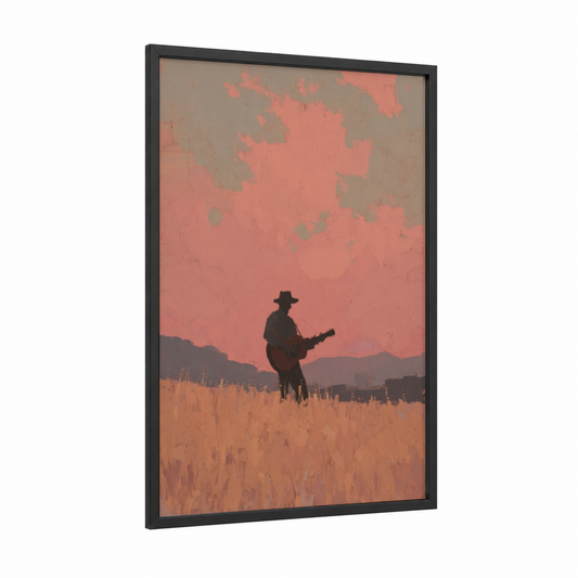 Sunset Musician framed art print — black wood frame — salmon pink and gold palette