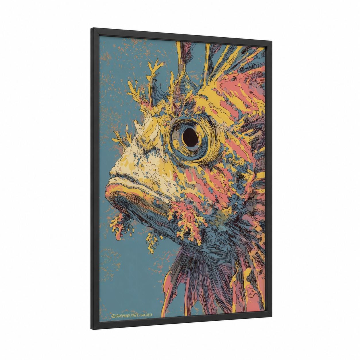 Vibrant Lionfish framed art print — black wood frame — gold and blue palette