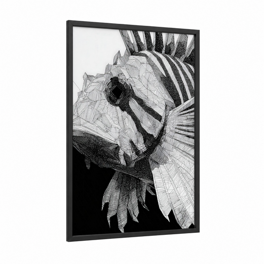 Detailed Lionfish framed art print — black wood frame — black and white palette