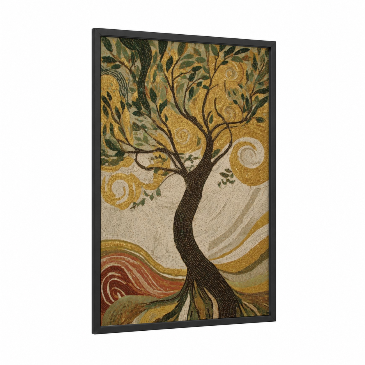 Golden Magnolia Tree framed art print — black wood frame — gold and cream palette