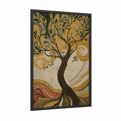 Golden Magnolia Tree framed art print — black wood frame — gold and cream palette