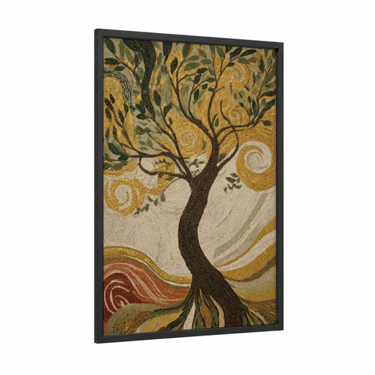 Golden Magnolia Tree framed art print — black wood frame — gold and cream palette