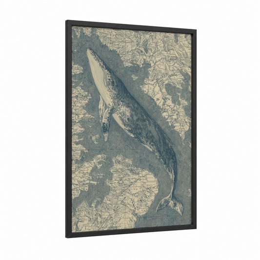Coastal Gray Whale framed art print — black wood frame — cream and dove gray palette
