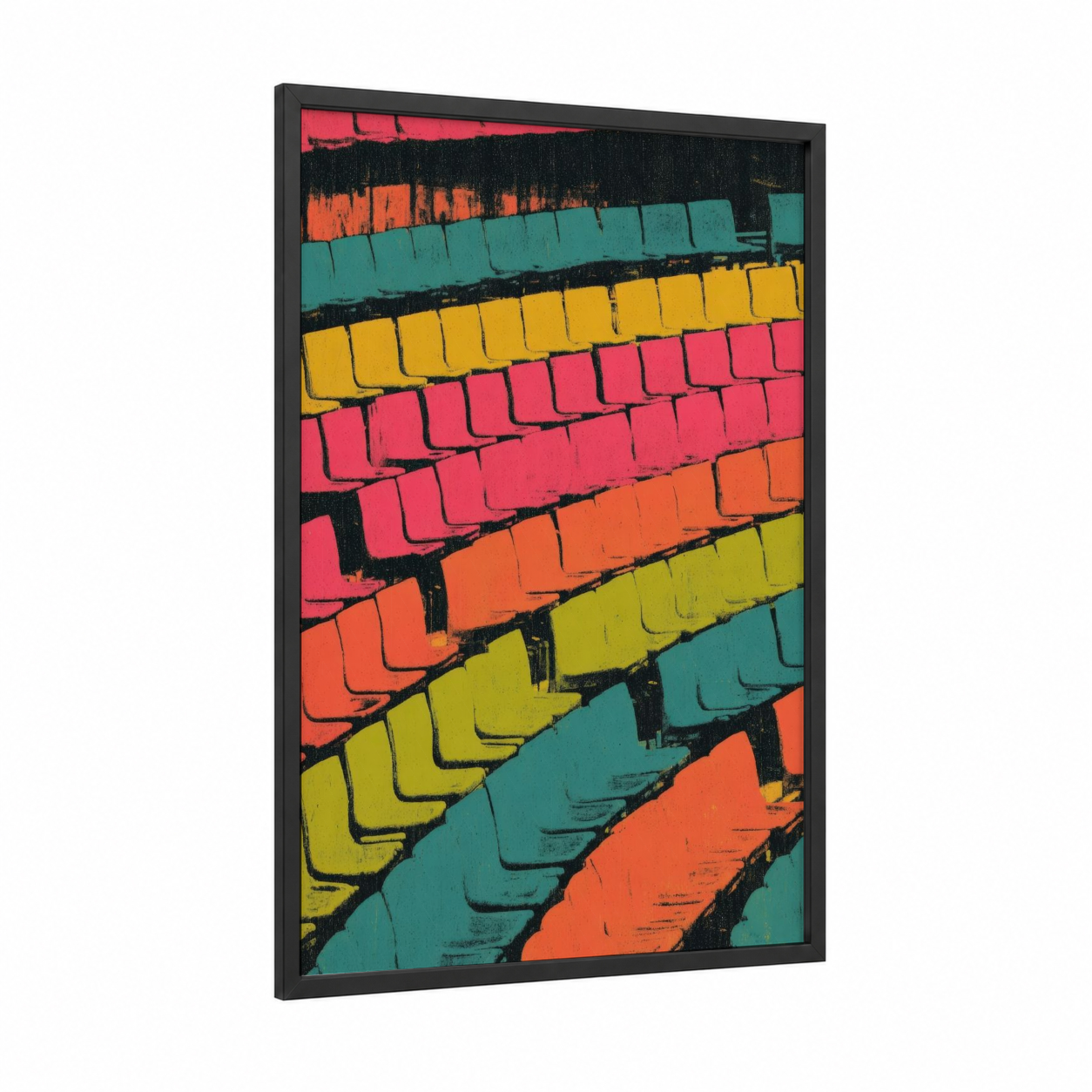 Colorful Stadium Seats framed stadiums and fields print — black wood frame — magenta and teal palette