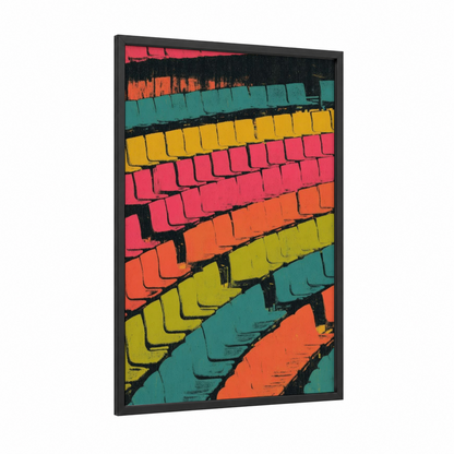 Colorful Stadium Seats framed stadiums and fields print — black wood frame — magenta and teal palette