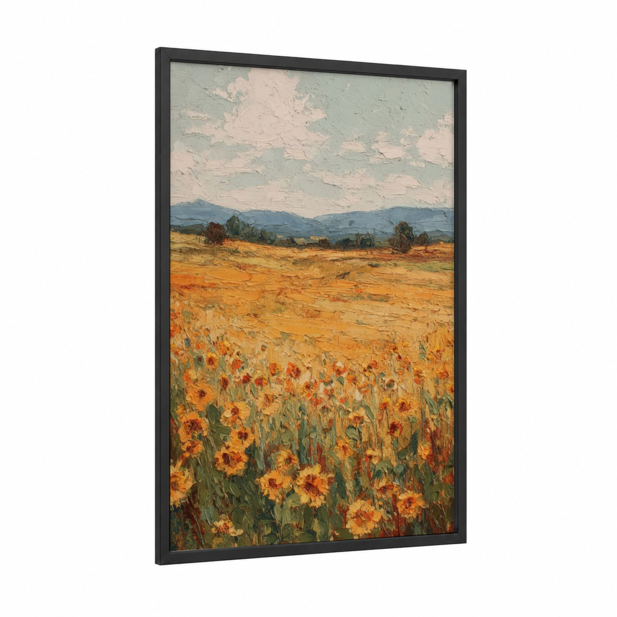 Golden Sunflower Landscape framed sunflower field print — black wood frame — gold and blue palette