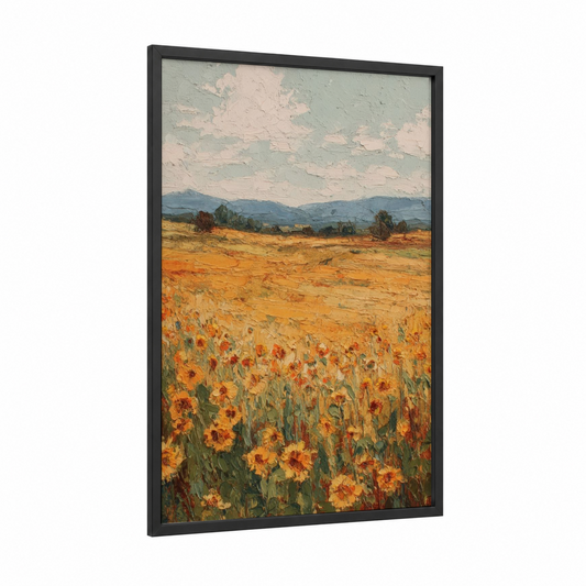 Golden Sunflower Landscape framed sunflower field print — black wood frame — gold and blue palette