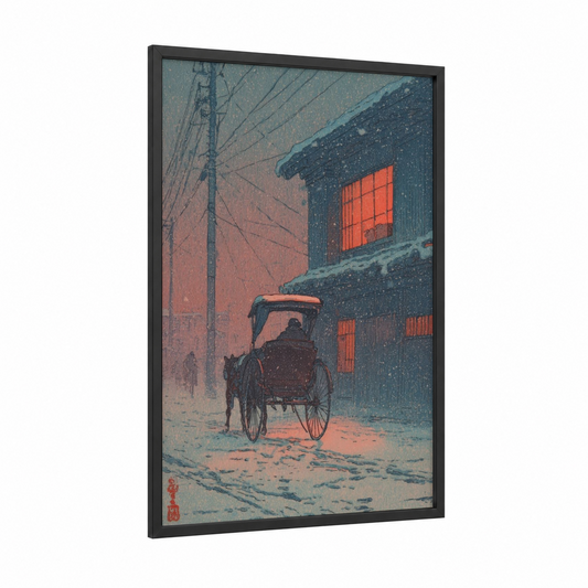 Snowy Rickshaw framed art print — black wood frame — blue and orange palette