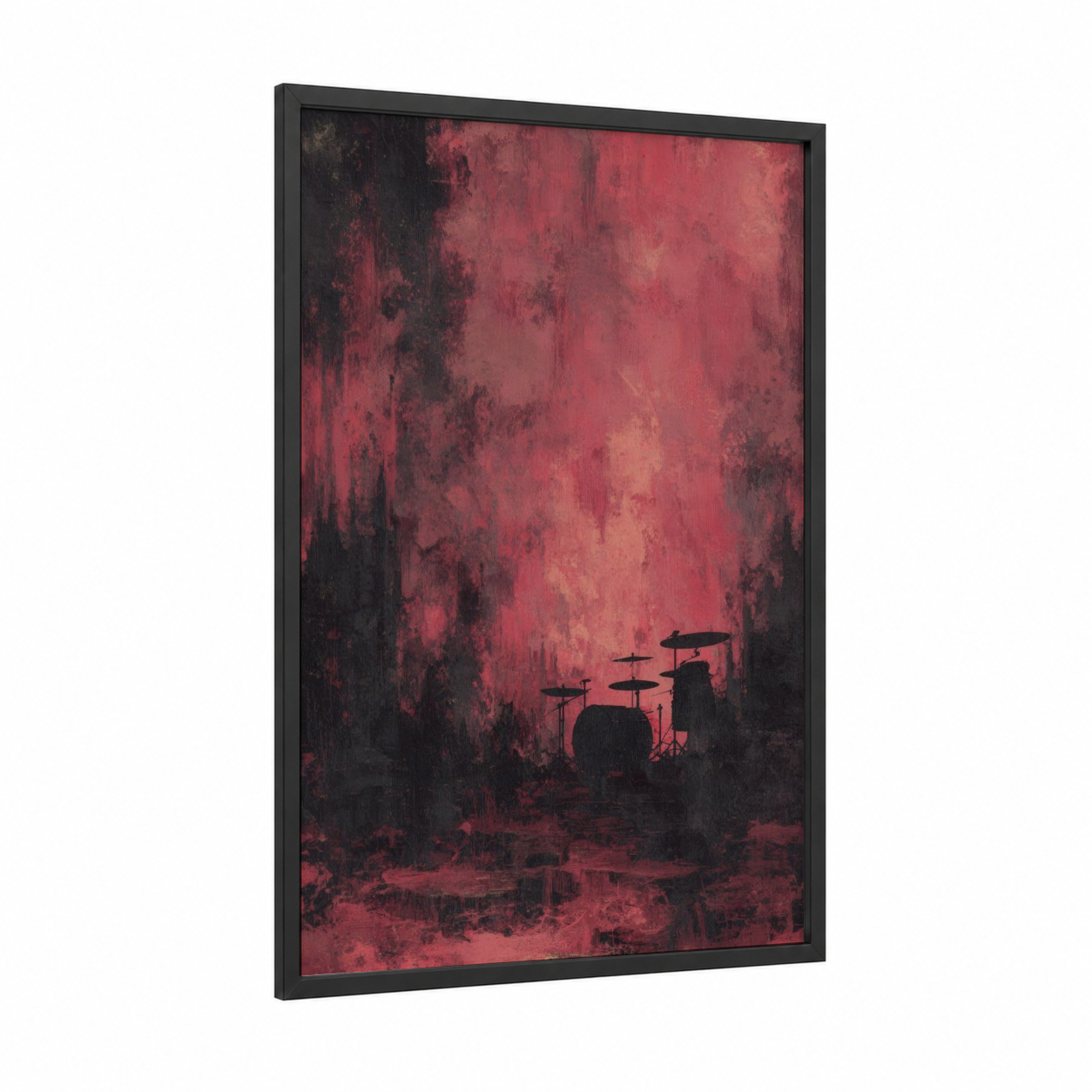 Crimson Drums Silhouette framed death metal print — black wood frame — black and red and maroon palette