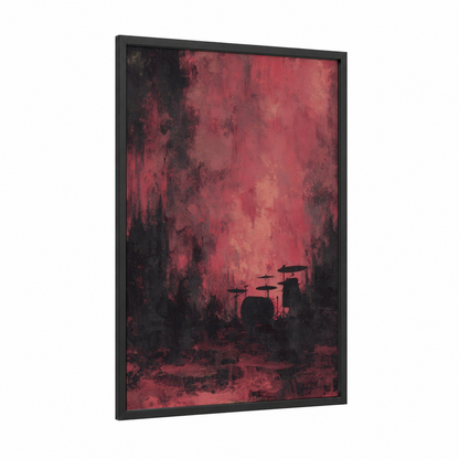Crimson Drums Silhouette framed death metal print — black wood frame — black and red and maroon palette