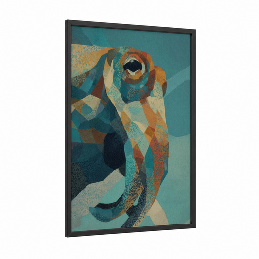 Geometric Squid framed art print — black wood frame — teal palette