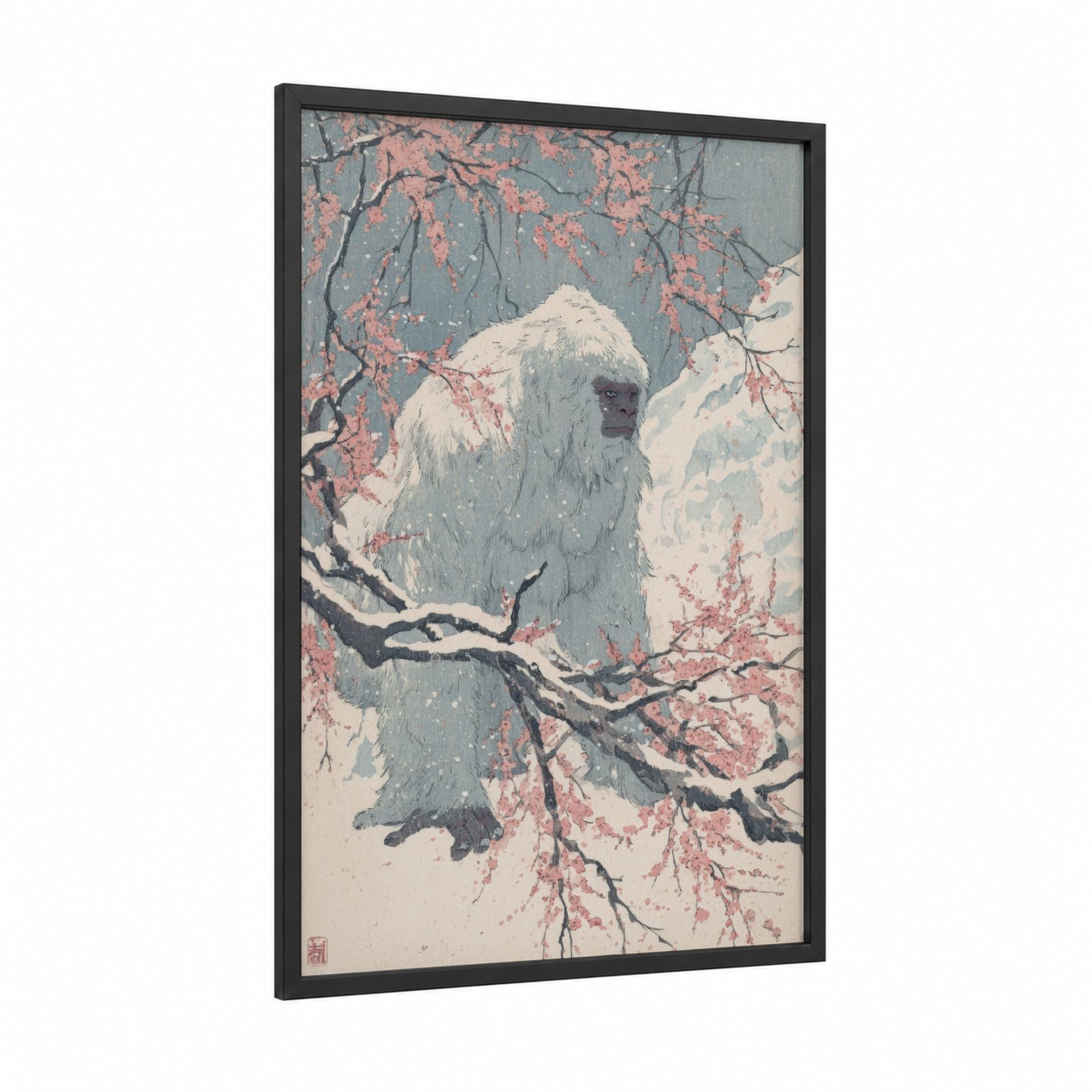 Snowy Yeti Blossoms framed art print — black wood frame — sage green and salmon pink palette