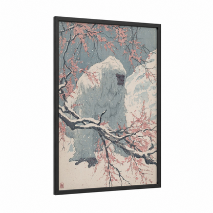 Snowy Yeti Blossoms framed art print — black wood frame — sage green and salmon pink palette