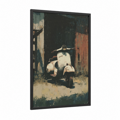 Vintage Scooter framed art print — black wood frame — cream and russet palette