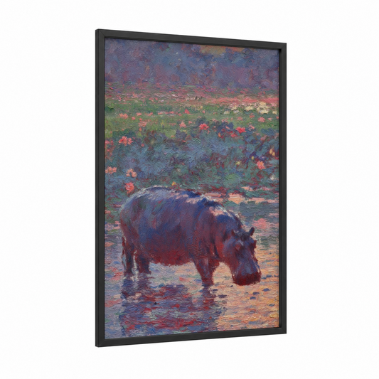 Bathing Hippo framed art print — black wood frame — blue and pink palette