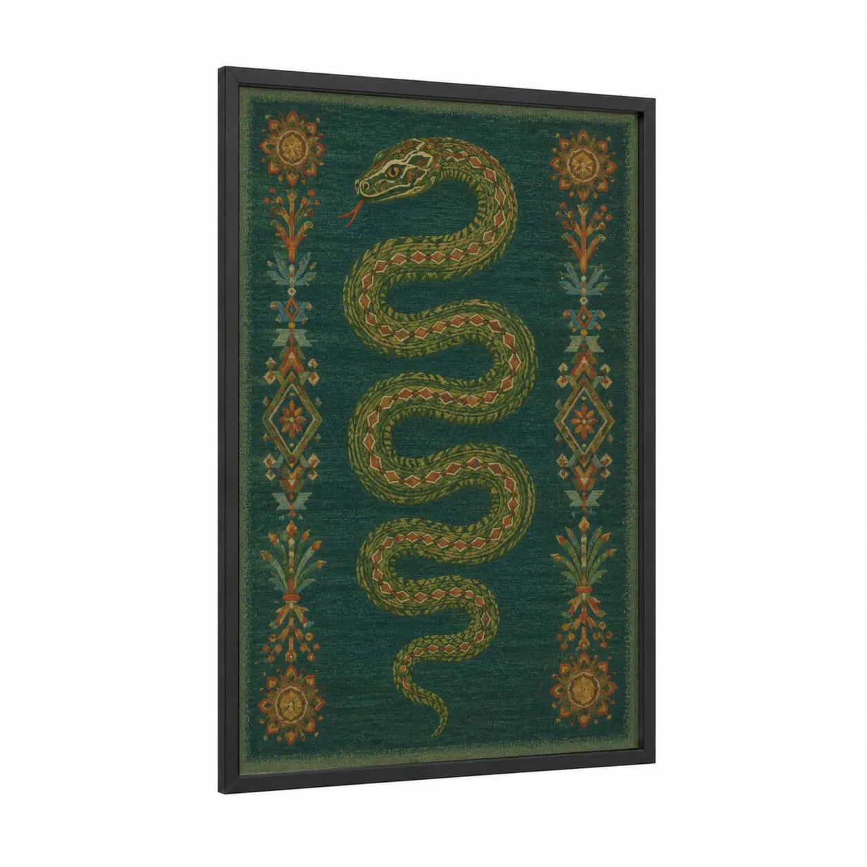Ornate Serpent Symmetry Wall Art framed snake print — black wood frame — dark green and gold palette