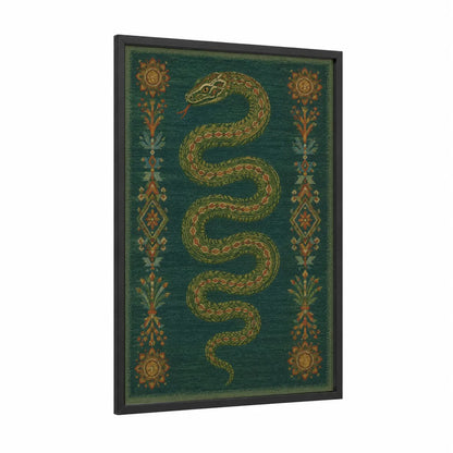 Ornate Serpent Symmetry Wall Art framed snake print — black wood frame — dark green and gold palette
