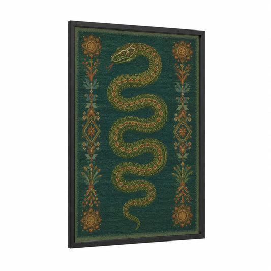 Ornate Serpent Symmetry Wall Art framed snake print — black wood frame — dark green and gold palette