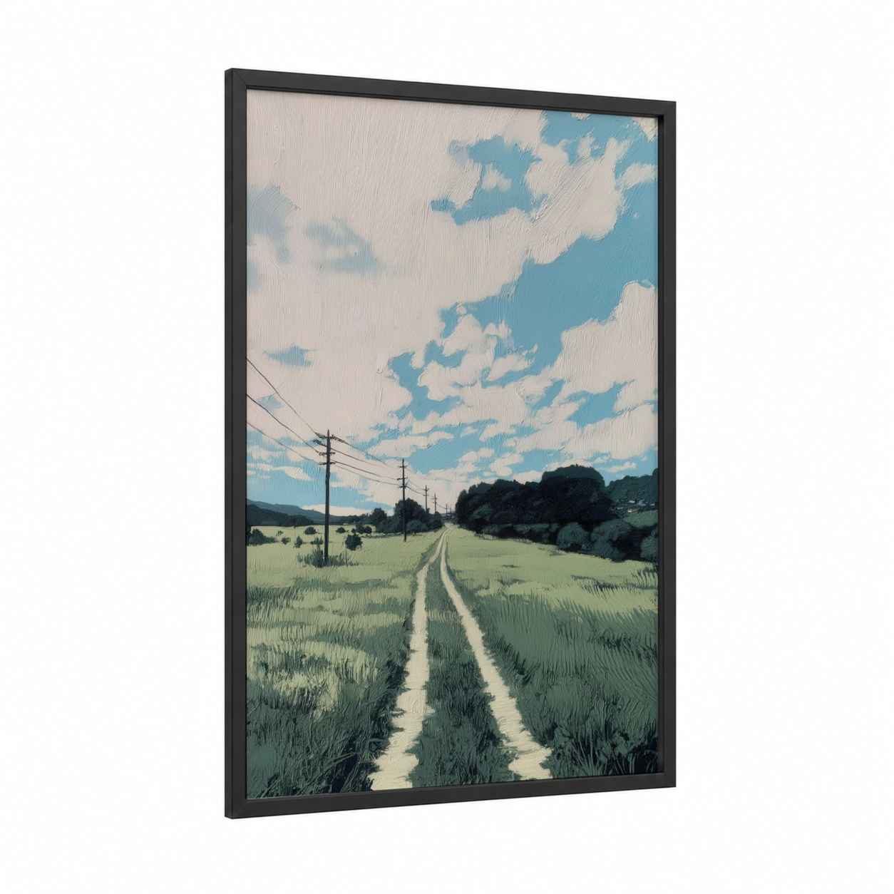 Rural Pathway framed various landscapes print — black wood frame — light green and blue palette