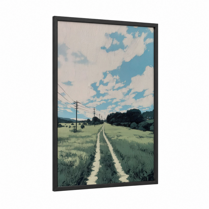 Rural Pathway framed various landscapes print — black wood frame — light green and blue palette