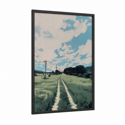 Rural Pathway framed various landscapes print — black wood frame — light green and blue palette
