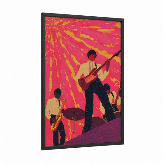 Groovy Jazz Trio framed funk print — black wood frame — magenta and yellow gold palette