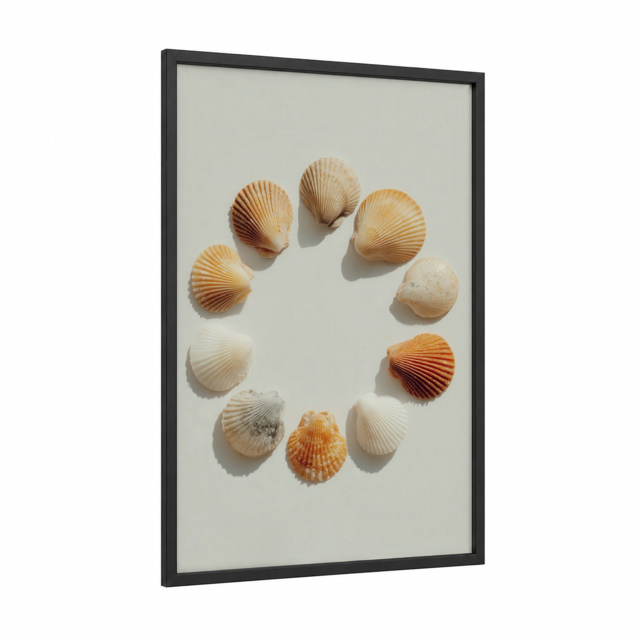 Golden Seashell Circle framed art print — black wood frame — cream and gold palette