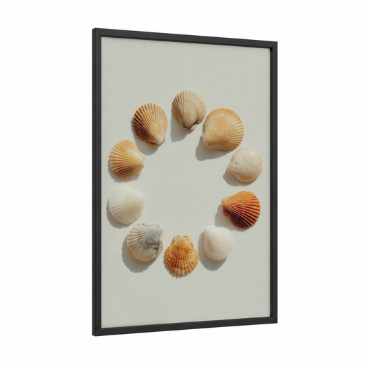 Golden Seashell Circle framed art print — black wood frame — cream and gold palette