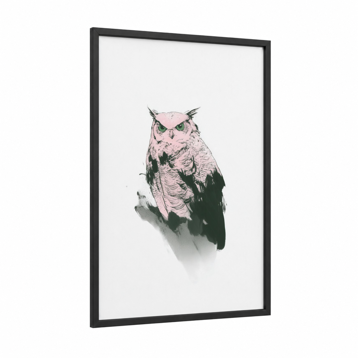 Pink Contemplative Owl framed art print — black wood frame — pink and black palette