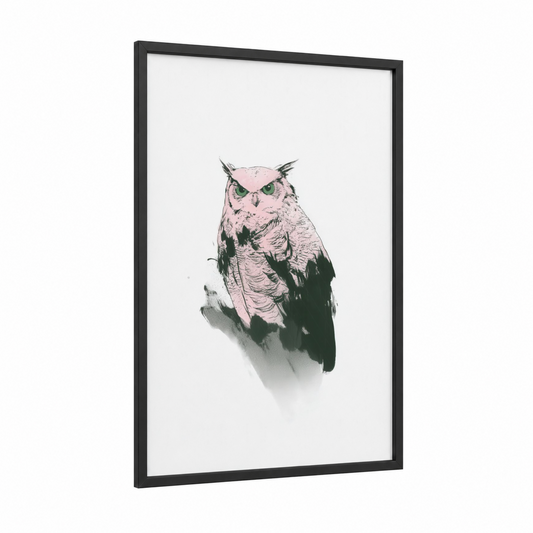 Pink Contemplative Owl framed art print — black wood frame — pink and black palette