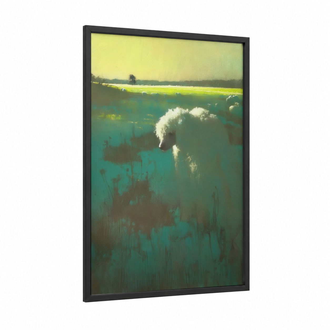 Misty Terrier framed art print — black wood frame — yellow and teal palette