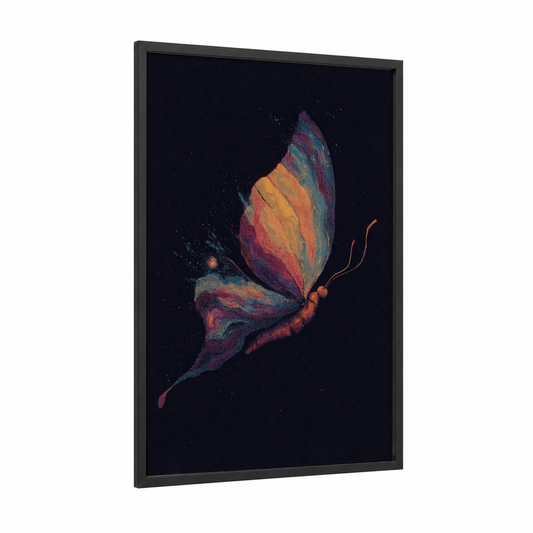Luminous Butterfly framed art print — black wood frame — magenta and gold palette