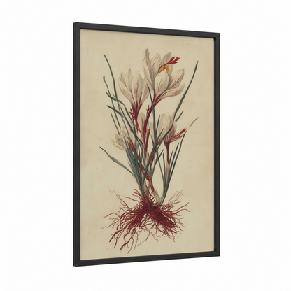 Crimson Herb Roots framed herbs and spices print — black wood frame — cream and maroon palette