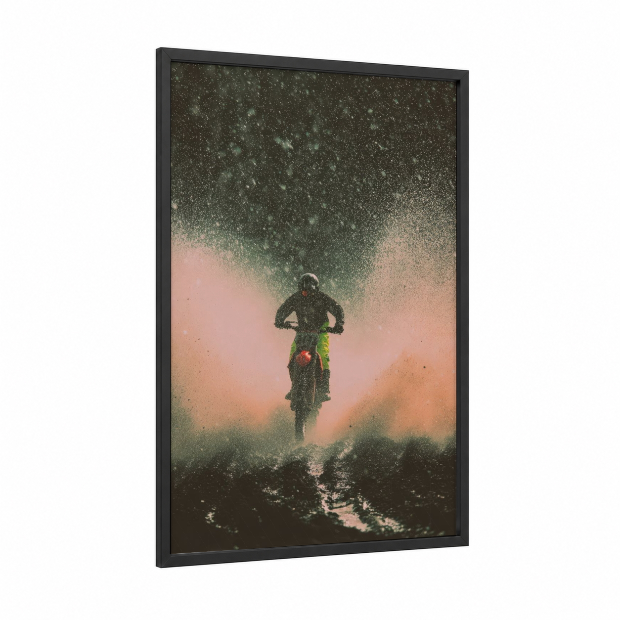 Dusty Motocross Rider framed art print — black wood frame — peach and sage green palette