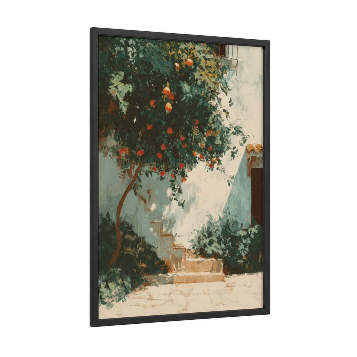 Citrus Courtyard framed fruit print — black wood frame — teal and cream palette