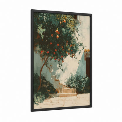 Citrus Courtyard framed fruit print — black wood frame — teal and cream palette
