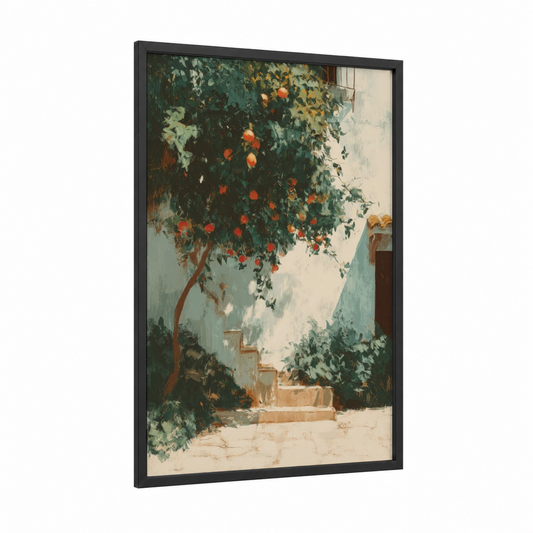 Citrus Courtyard framed fruit print — black wood frame — teal and cream palette