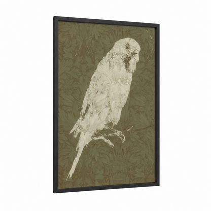 Perched Budgerigar framed budgeridar print — black wood frame — cream and sage green palette