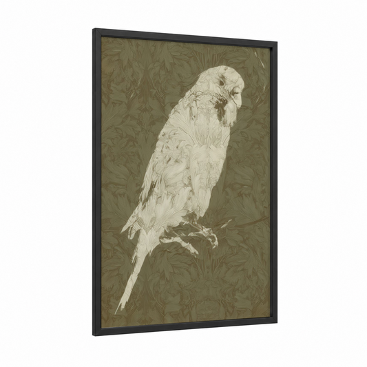 Perched Budgerigar framed budgeridar print — black wood frame — cream and sage green palette