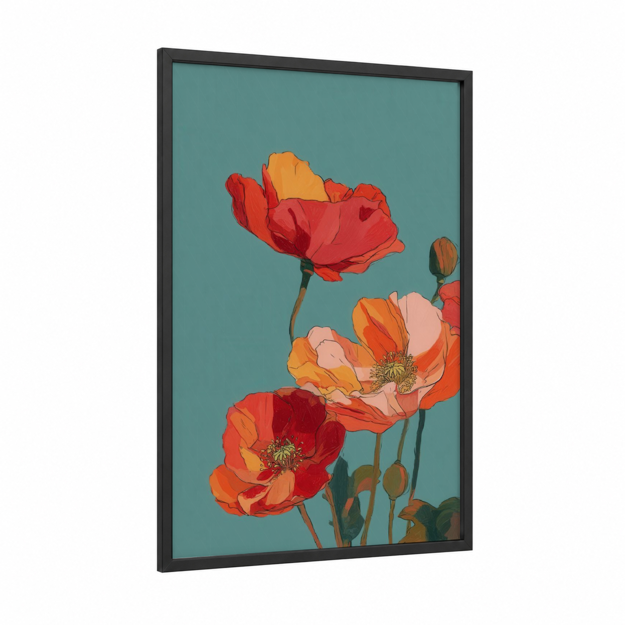 Vibrant Poppy Blooms framed poppies print — black wood frame — red and teal palette
