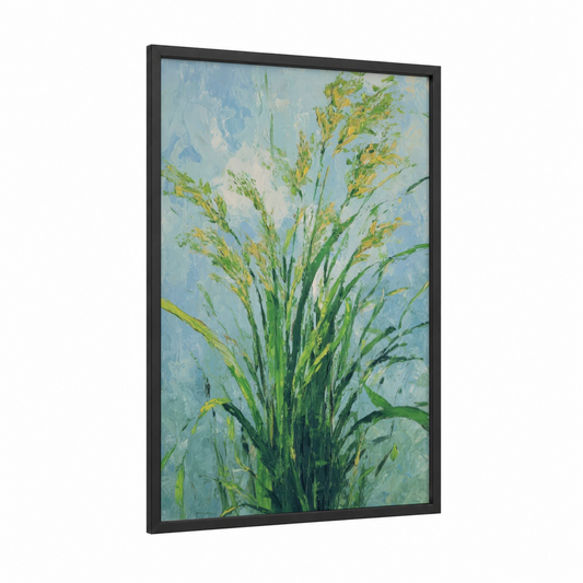 Golden Herb Breeze framed herbs print — black wood frame — blue and light green palette