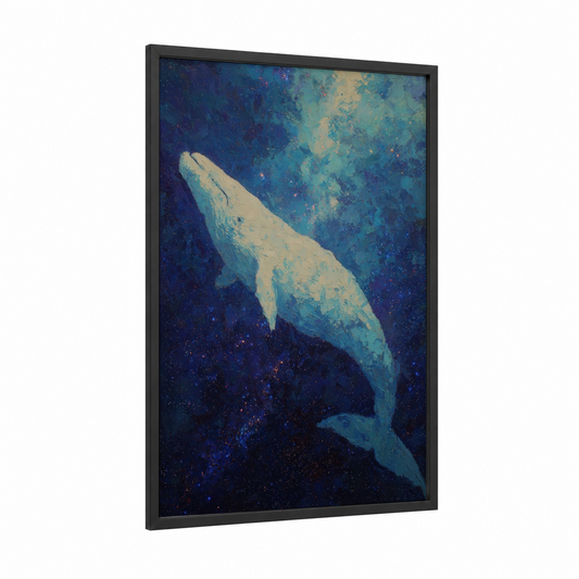 Celestial Beluga framed beluga whale print — black wood frame — dark blue and aquamarine palette