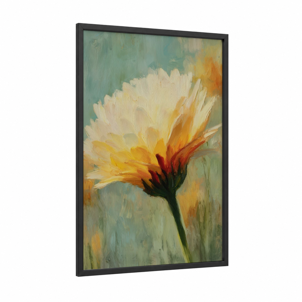 Sunlit Daisy framed art print — black wood frame — gold and sage green palette