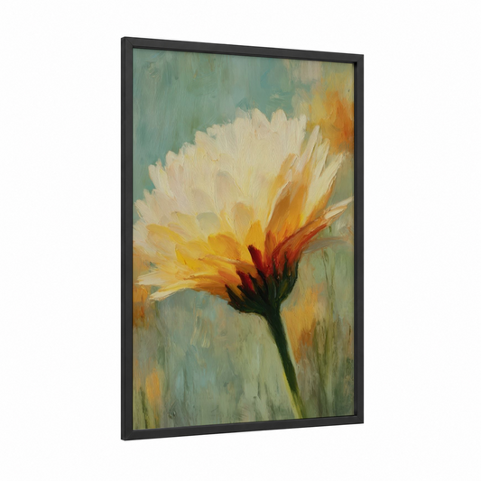 Sunlit Daisy framed art print — black wood frame — gold and sage green palette