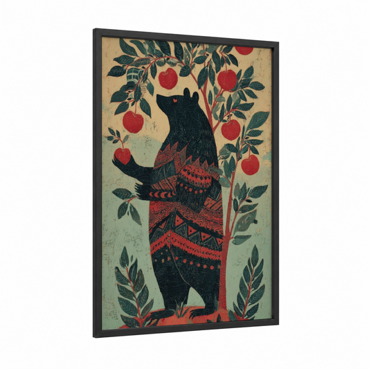 Orchard Grizzly framed grizzly bear print — black wood frame — red and dark green palette
