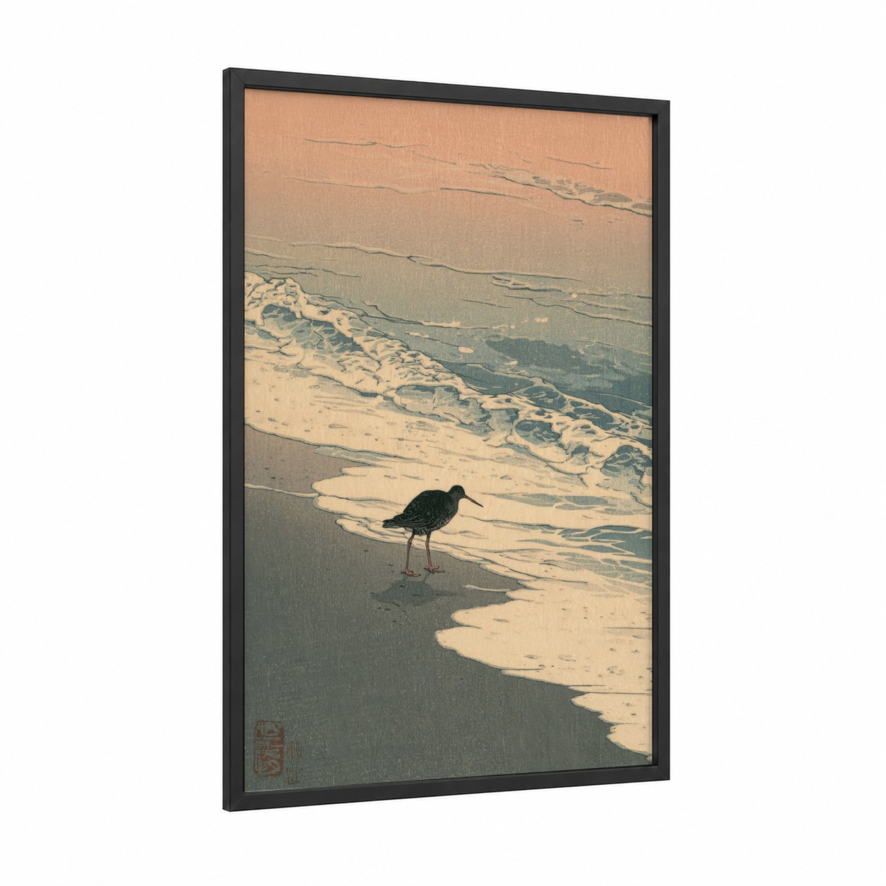 Sandpiper Dawn framed beach sunrise and sunsets print — black wood frame — cream and sage green palette