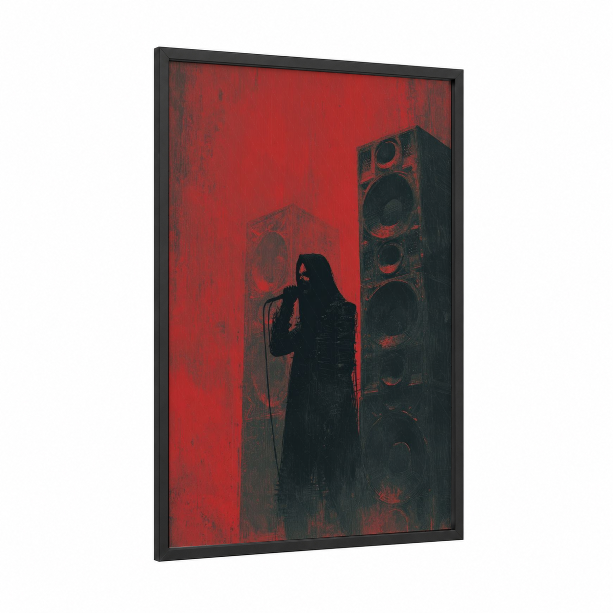 Crimson Stage Vocalist framed death metal print — black wood frame — red and black palette