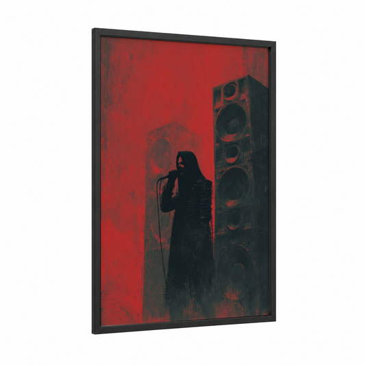 Crimson Stage Vocalist framed death metal print — black wood frame — red and black palette