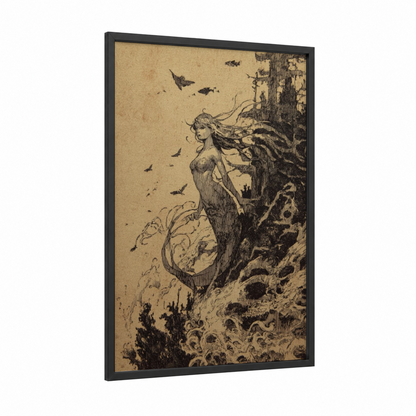 Coastal Mermaid framed art print — black wood frame — beige and black palette
